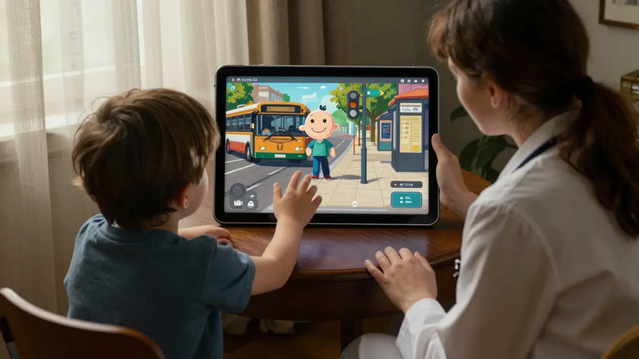 Terapeut a dítě společně sledují virtuální zastávku autobusu na tabletu, světlo z okna osvětluje jejich tváře.