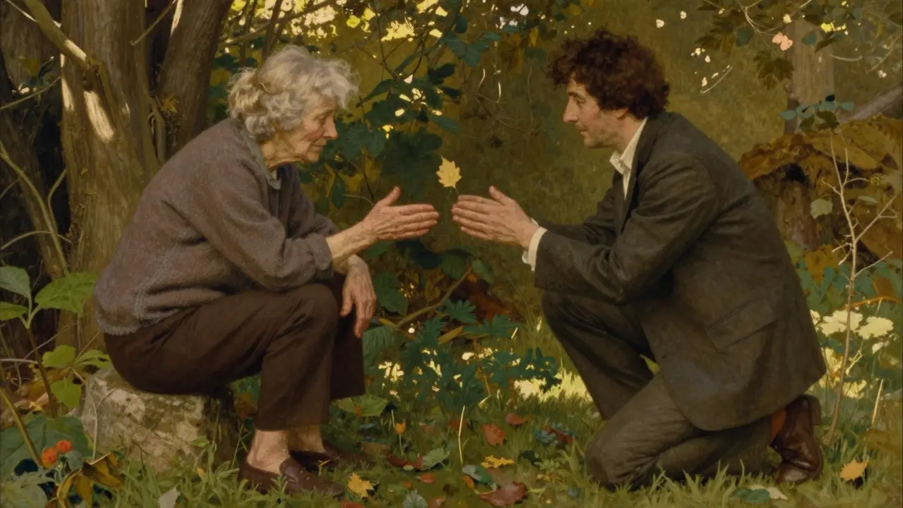 Terapeut a klient v zahradě, ruce téměř se dotýkají, list mezi nimi.