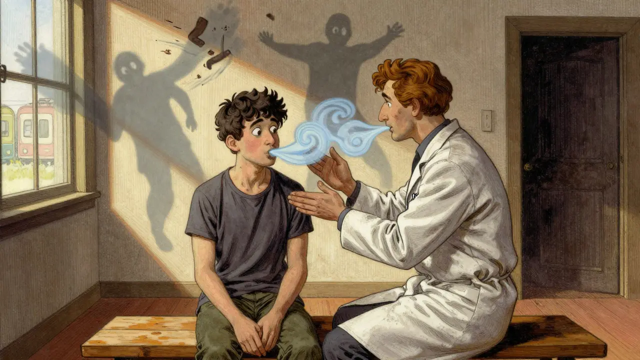 Terapeut a pacient spolu dýchají, zatímco stíny paniky v jejich pozadí mizí.