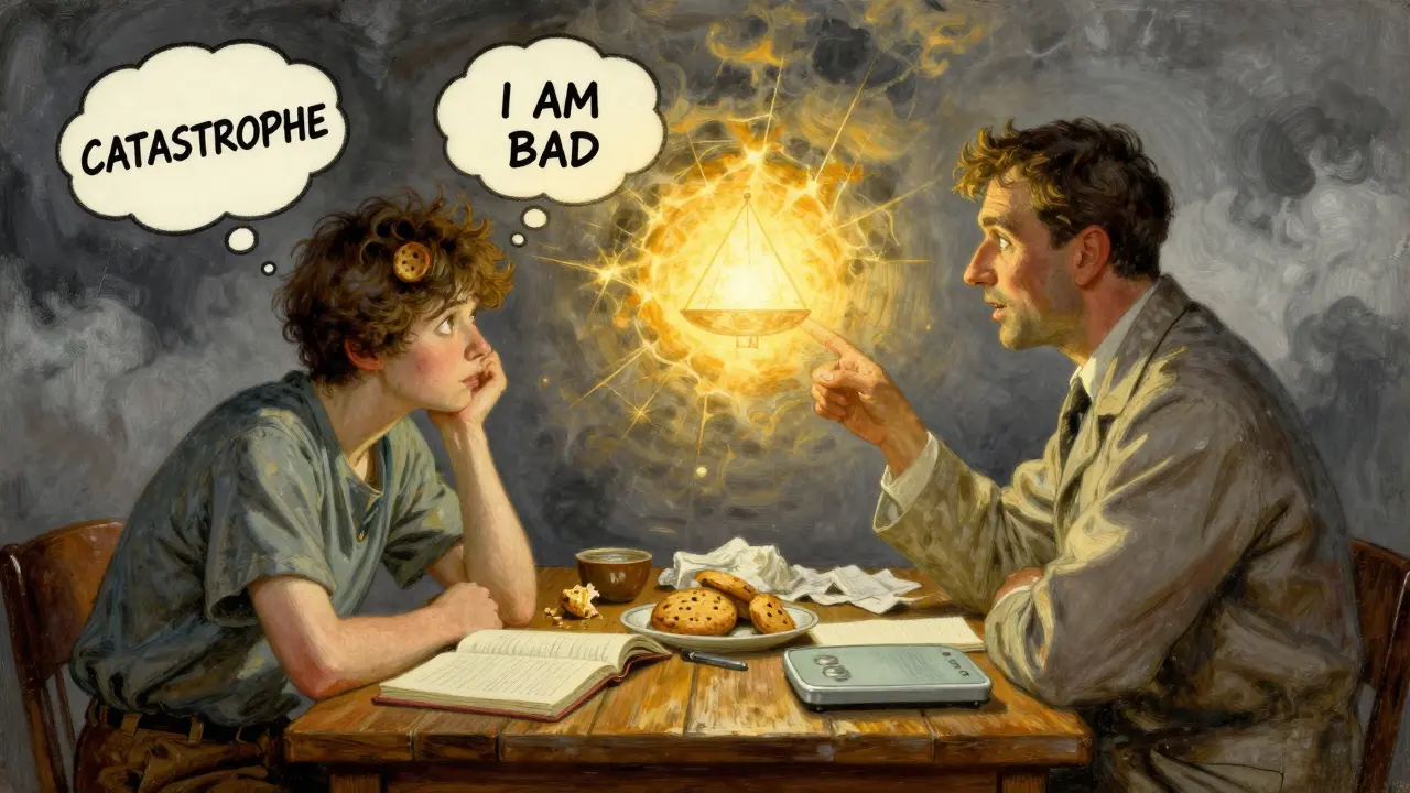 Terapeut a pacient u stolu, kde myšlenky v bublinách zobrazují kognitivní omyly, zatímco terapeut ukazuje na vyváženou alternativu.