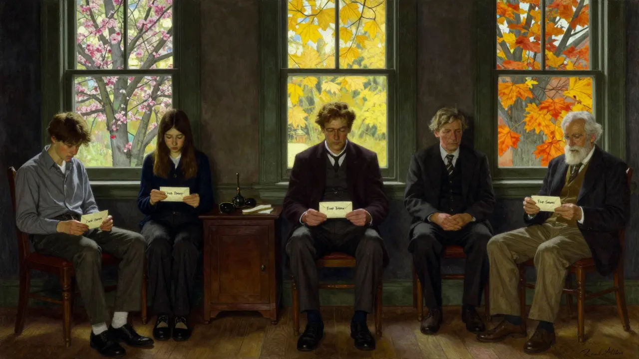 Tři lidé různých věků sedí v různých místnostech, drží dopis s nápisem 'První konzultace'.