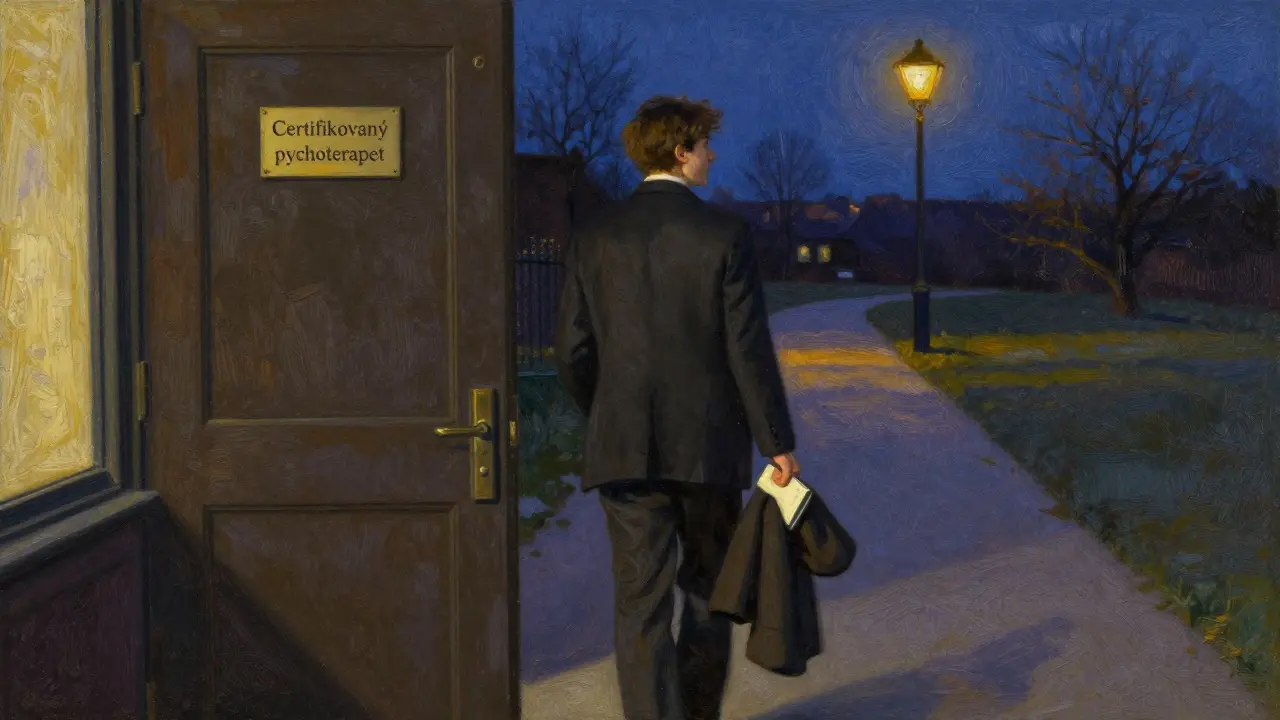 Člověk odchází od uzavřených dveří terapeuta, dívá se zpět s úlevou, za ním svítí uliční lampa.