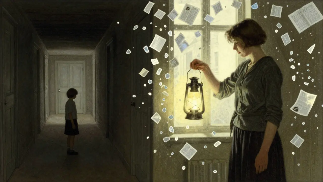 Dítě ve stínu a dospělý s lucernou, symbolizující přechod od minulých ran k pochopení.