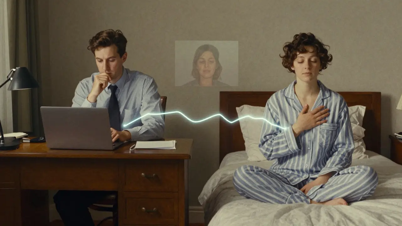 Dva partneři jsou odděleni, ale spojeni videokonferencí, každý ve svém prostředí.