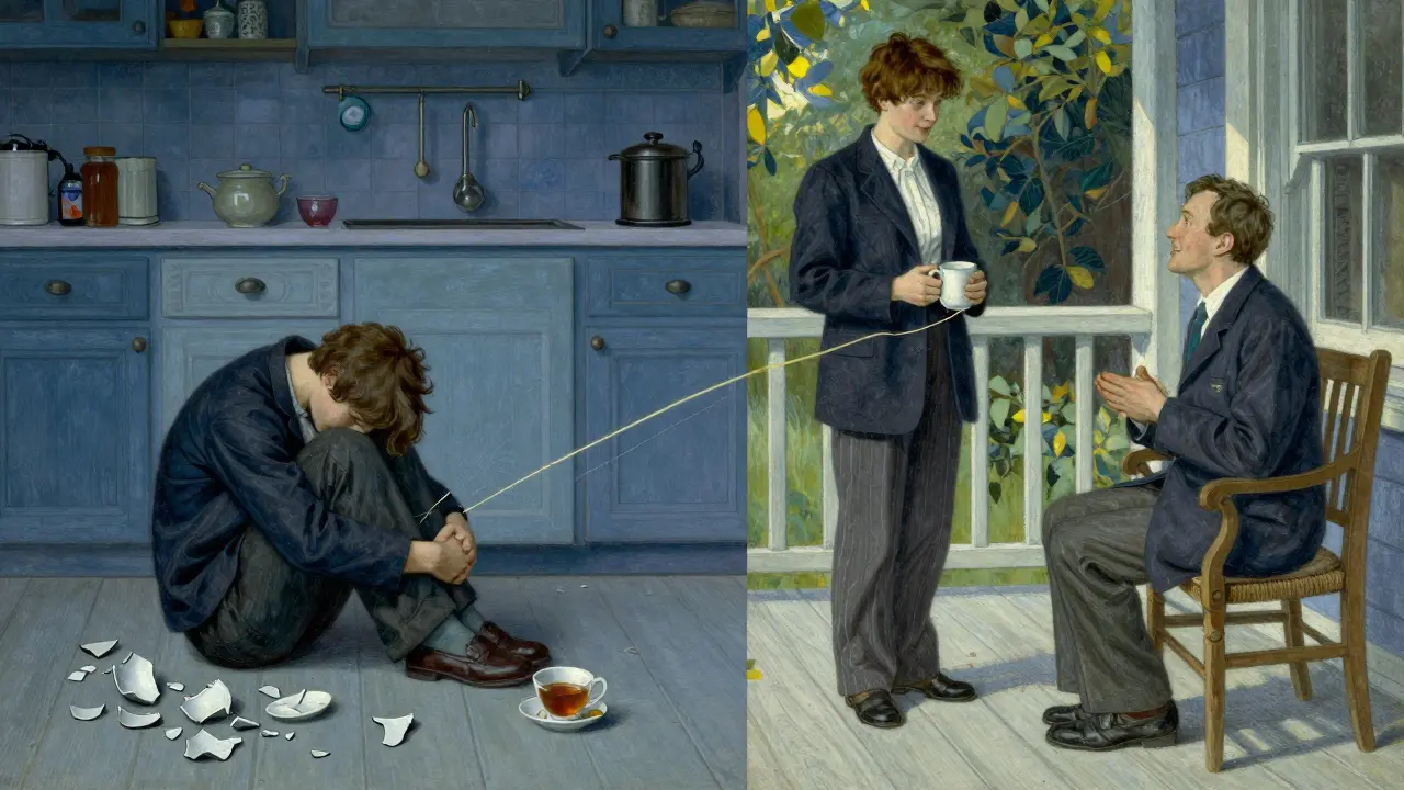 Dvě scény jedné osoby: jedna v úzkosti, druhá v klidu s psychologem na verandě.