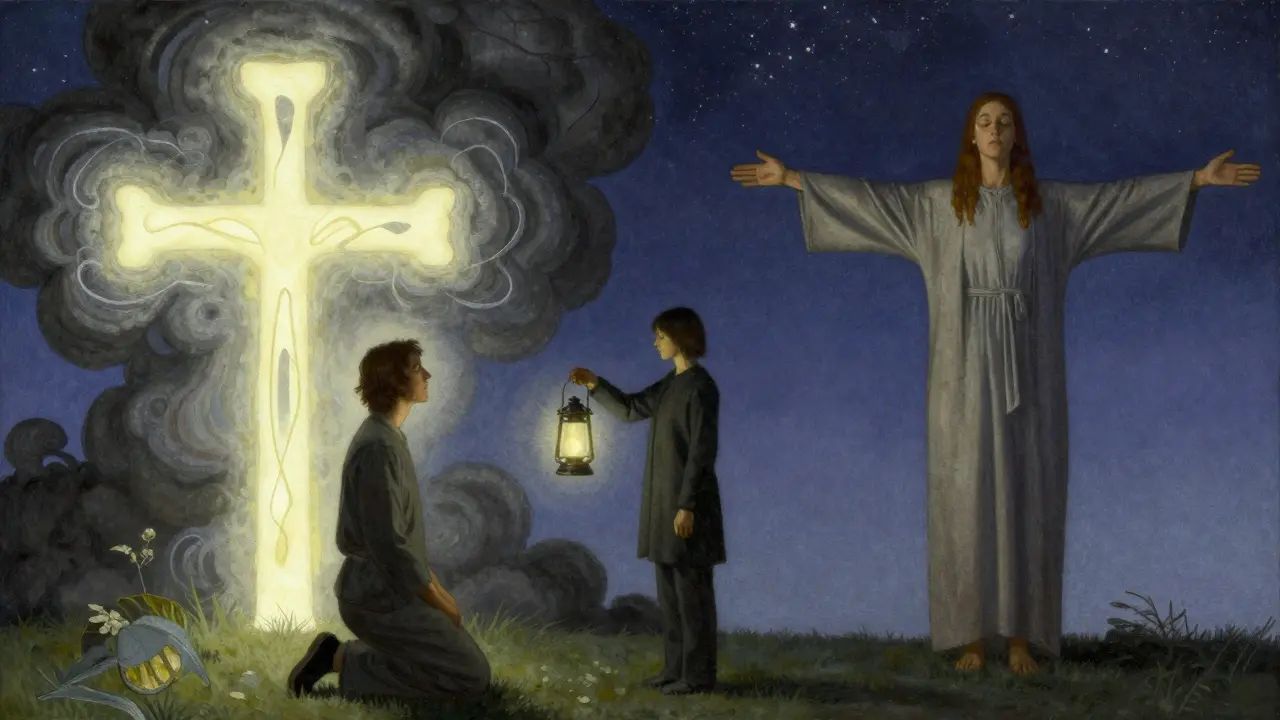 Dvě strany jedné osoby: jedna v tmě pod křížem, druhá v klidu pod hvězdami, terapeut mezi nimi jako most.