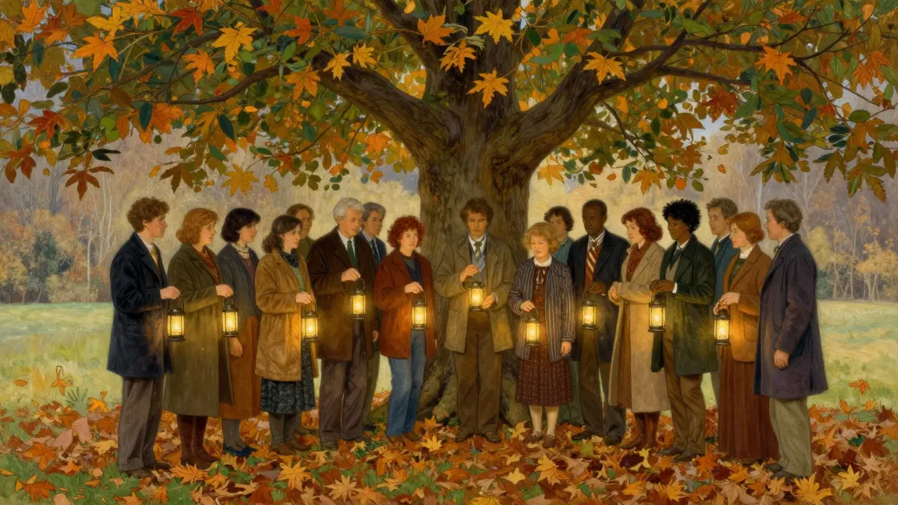 Group of people holding lanterns under a tree, their lights blending into one warm glow.