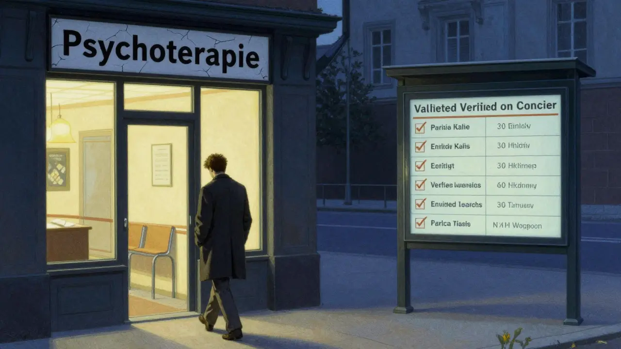 Klient opouští nejistou terapeutickou praxi, zatímco správná cesta je vidět v dálce.