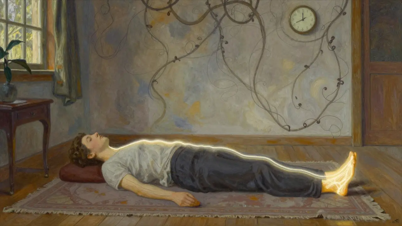 Klient provádí tělesné skenování, světelná cesta od nohou k hlavě symbolizuje vědomí těla.