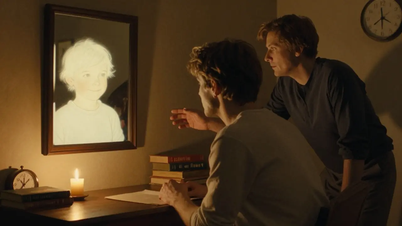 Klient se dívá do zrcadla, kde vidí svou dětskou verzi, terapeut tichý a přítomný.