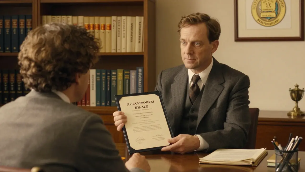 Klinický psycholog ukazuje oficiální certifikát klientovi v kanceláři.