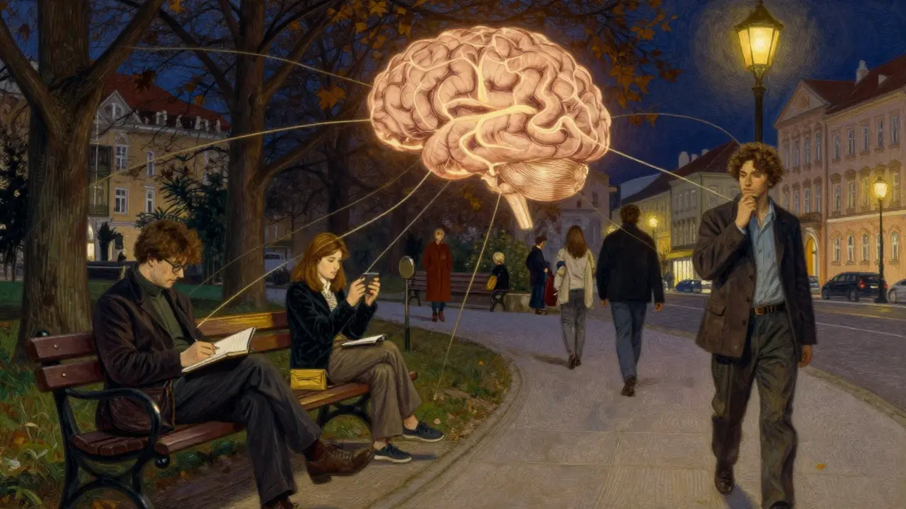 Lidé v českém městě provádějí terapeutické kroky — psaní, online sezení, procházky — všichni spojeni zlatými vlákny k rozsvícenému mozku.