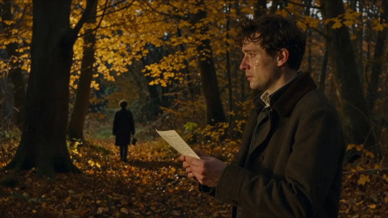 Muž drží dopis vděčnosti v lese při západu slunce.