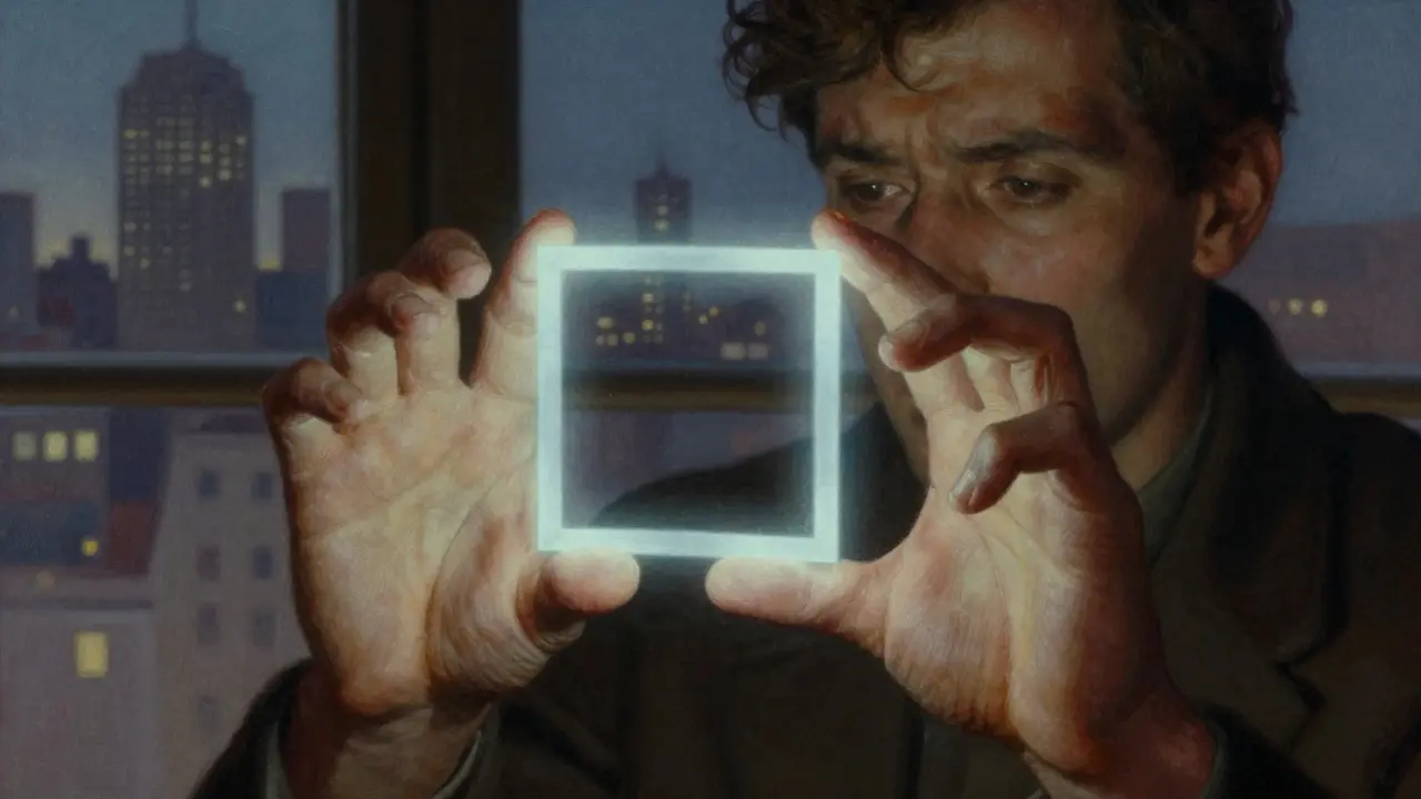 Muž ukazuje čtvercové dýchání, světlo vytváří viditelné obrysy nádechu a výdechu.