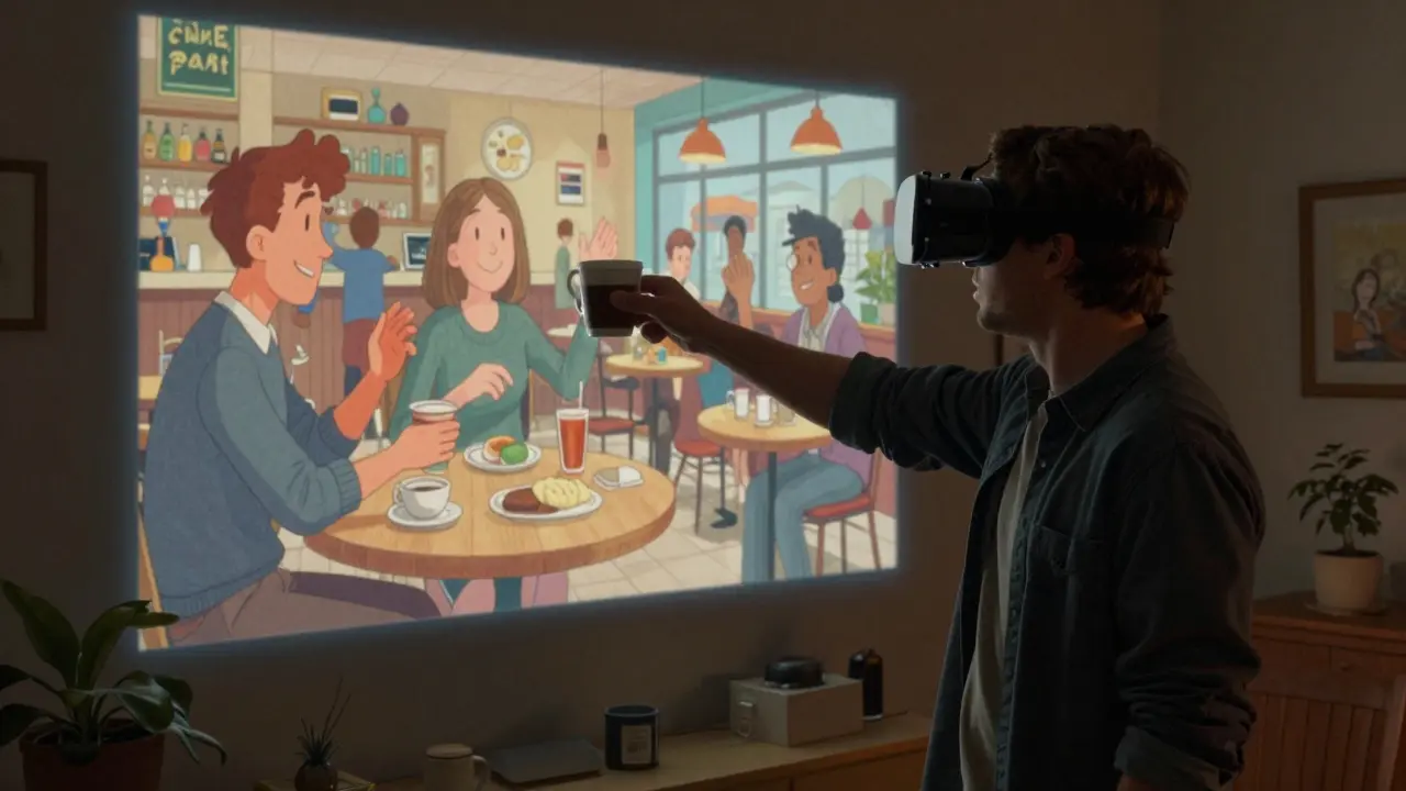Osoba v headsetu si procvičuje sociální situaci v virtuální kavárně.