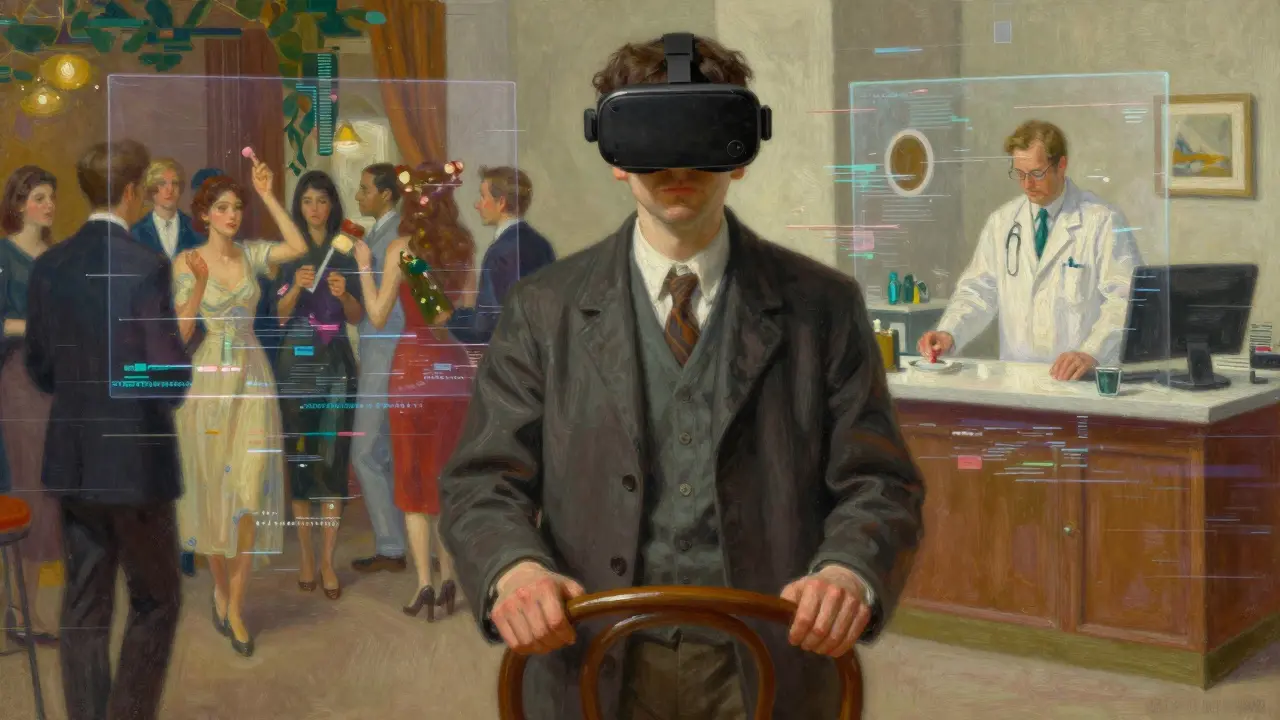 Osoba ve virtuální realitě je obklopena scénami sociálních situací, zatímco sedí v reálném křesle.