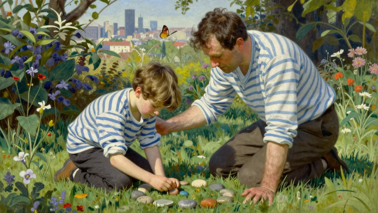 Otec a syn v zahradě, syn uspořádává kameny, otec ho pozoruje s klidem a přijetím, kolem nich je slunečné světlo.
