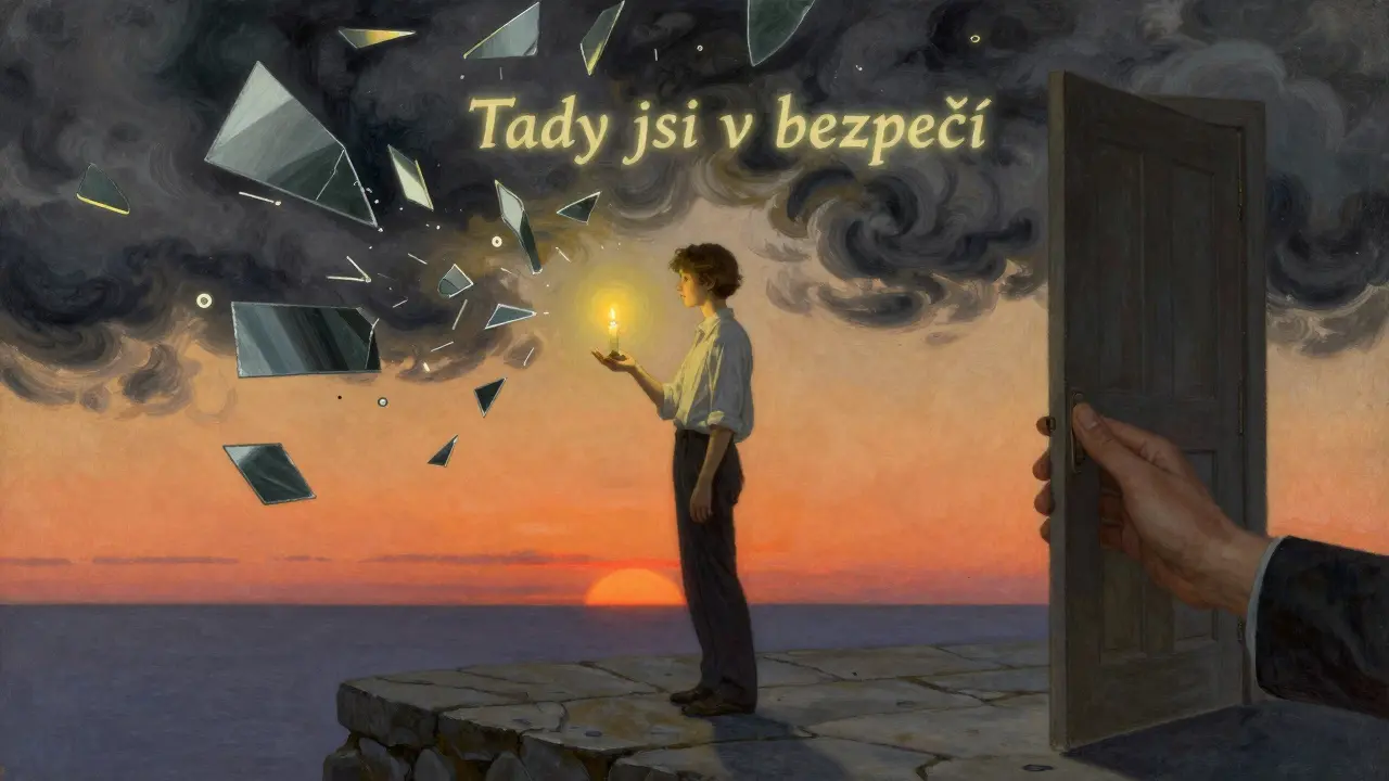 Pacient stojí na pevné ploše pod zářícím západem, temná bouře za ním zmizela — svíčka symbolizuje bezpečí.