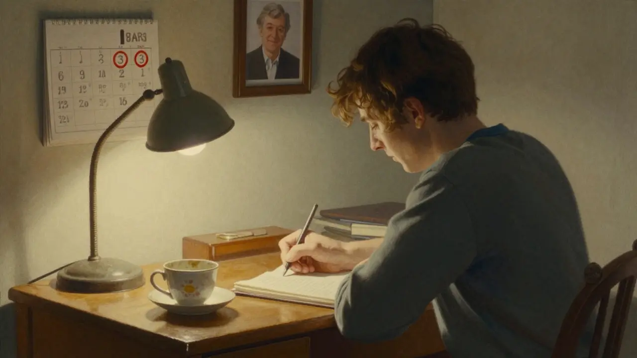 Person writing in a journal at dusk, calendar marked with follow-up dates visible.