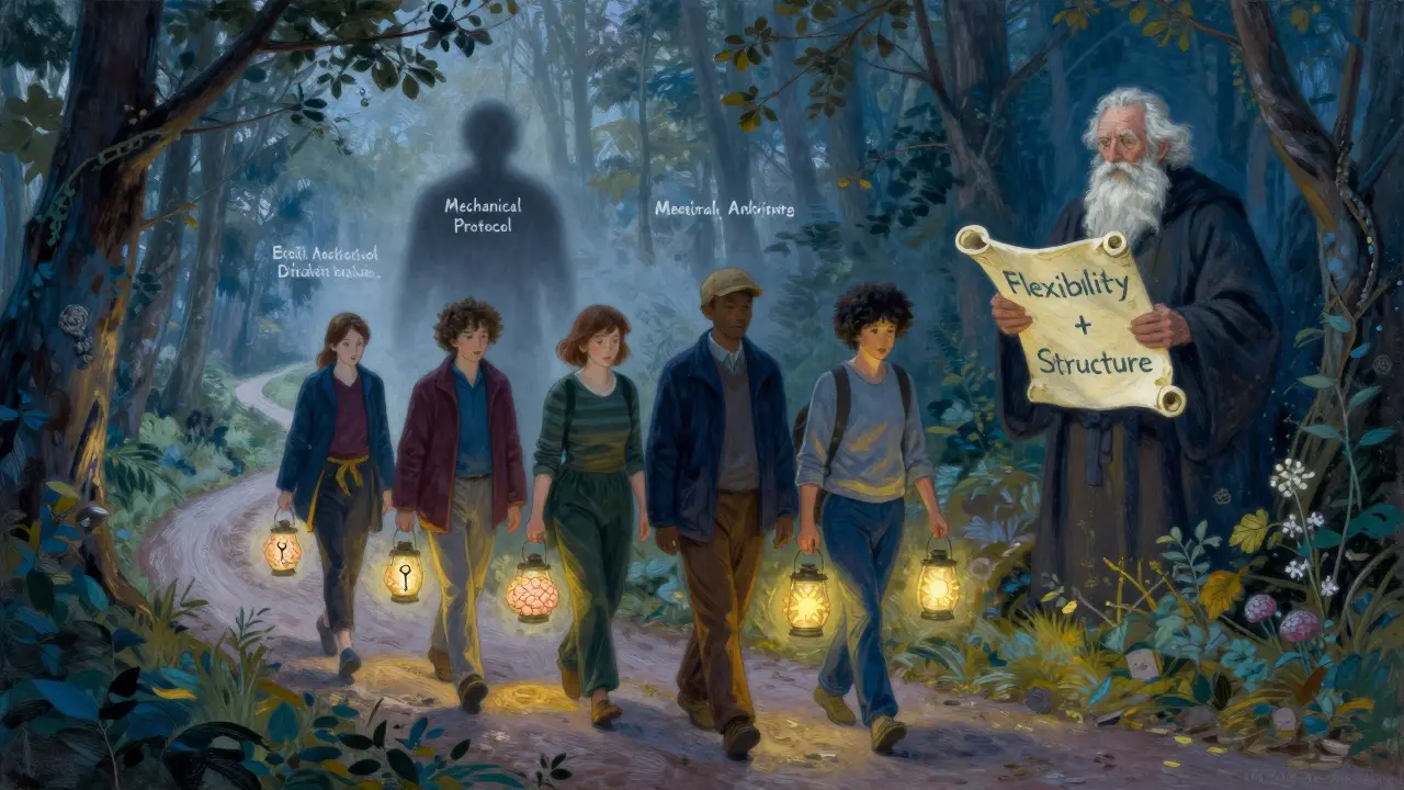 Pět lidí jde lesem s lucernami ve tvaru mozku, symbolizujícími různé psychické potíže a cestu k uzdravení.