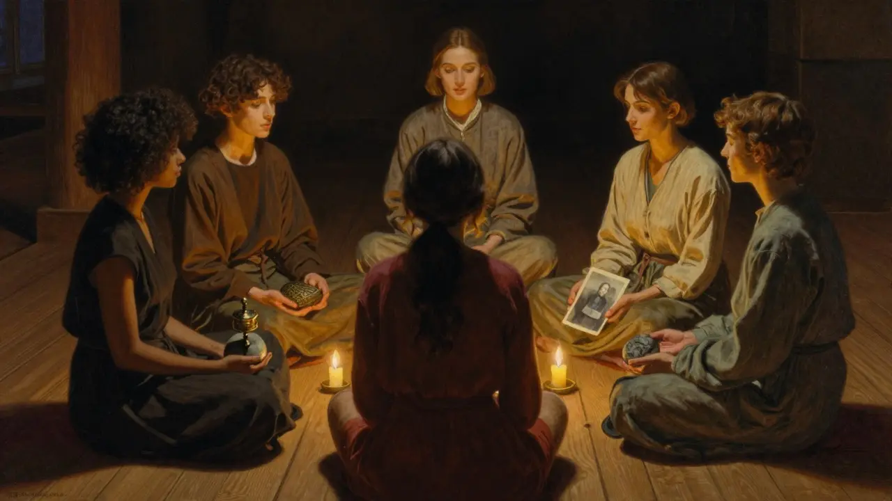 Pět lidí v kruhu s různými duchovními předměty, terapeut je pozoruje v teplém světle svíček.