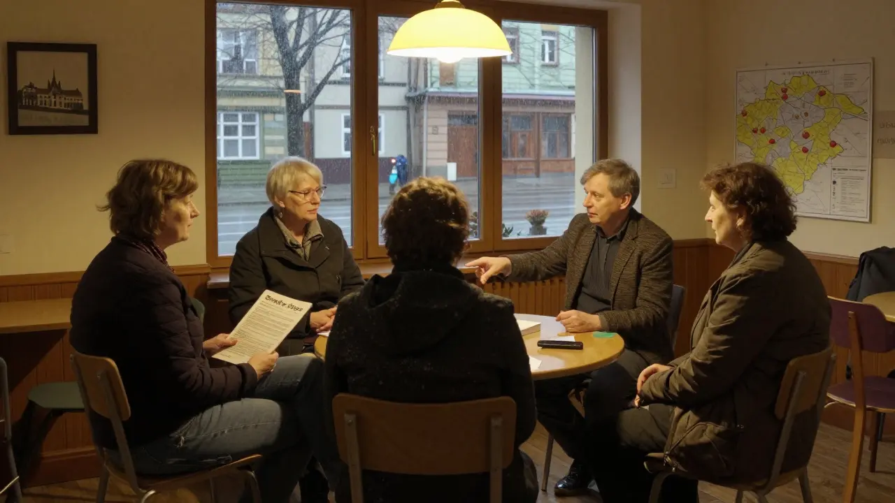 Pět rodičů se schází v komunitním centru, sdílí zkušenosti a listy s informacemi o terapiích v České republice.