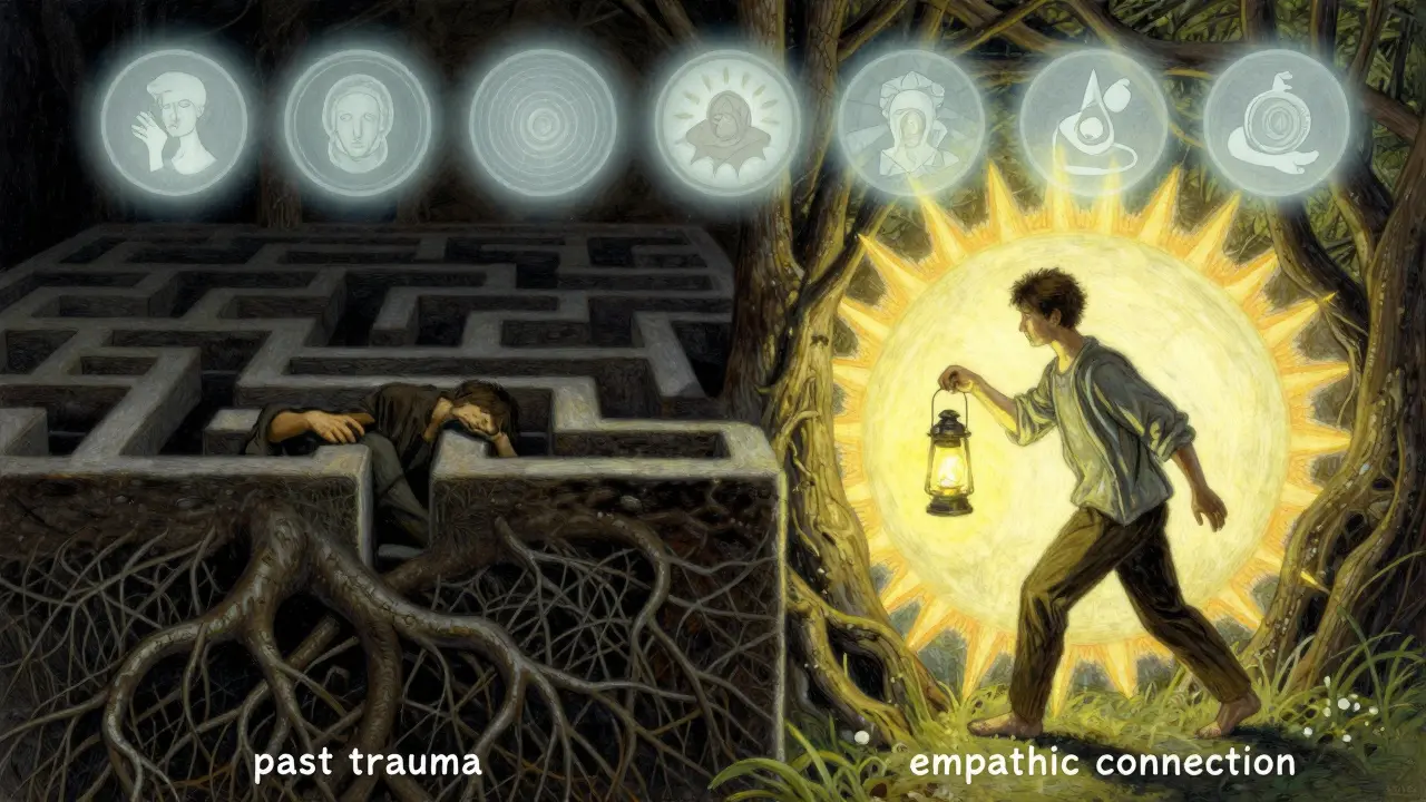 Postava opouští temný bludiště minulosti a vstupuje do světla důvěry, sedm terapeutických mechanismů plave nad ní jako zářící ikony.