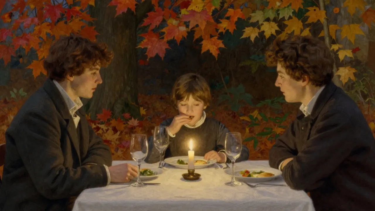 Rodina společně večeří, dítě se usmívá, žádné elektronické zařízení, teplá atmosféra.