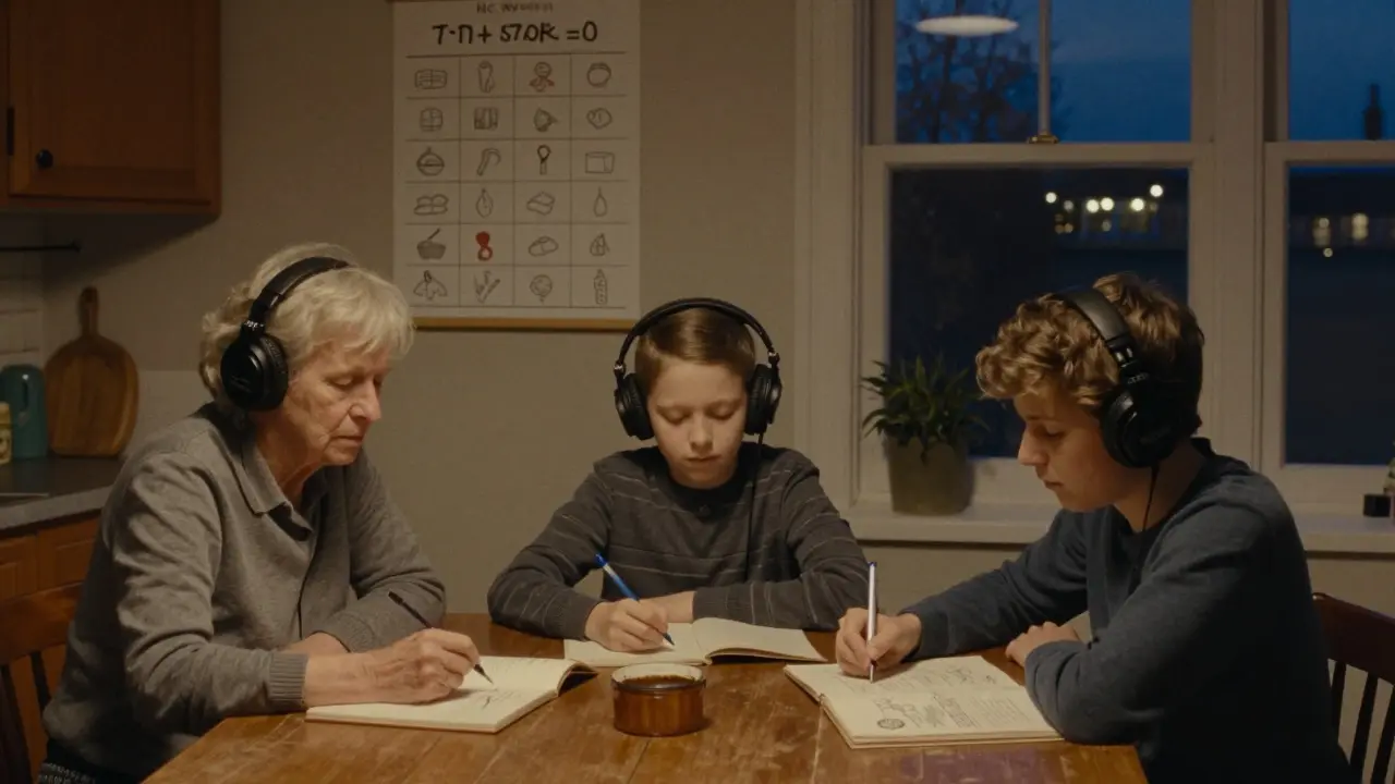 Rodina spolu v kuchyni, všichni mají sluchátka, na zdi vizuální plán dne.