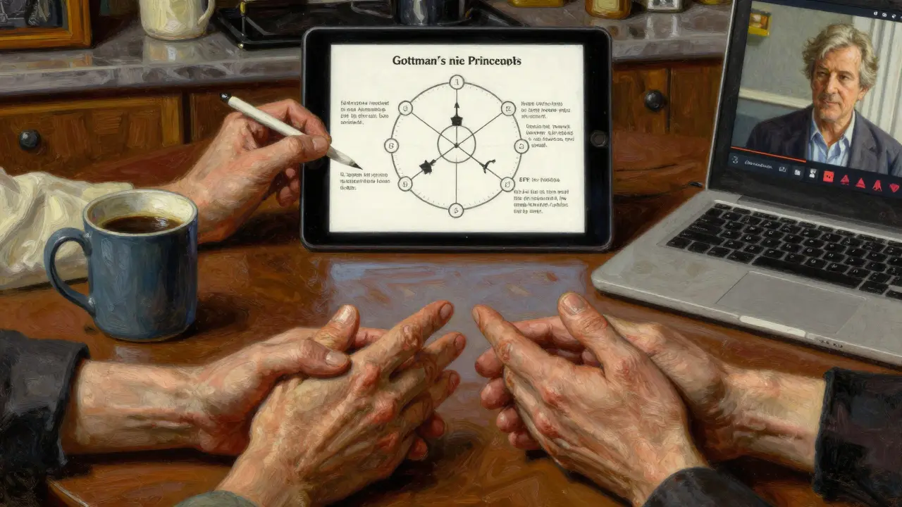 Ruce partnerů se snaží dosáhnout na sebe přes stůl, zatímco terapeut pracuje na tabletu.