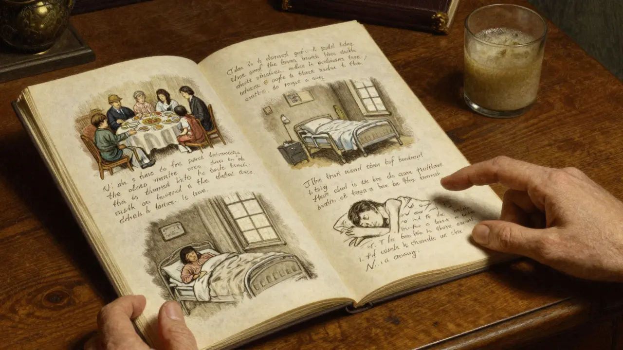 Rukopisné poznámky terapeuta, které se mění v miniaturní scény z života klienta.