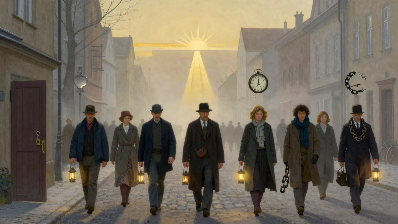 Různí lidé jdou ulicí v ranním mlze, každý nese světlo, které symbolizuje jejich pokrok v terapii úzkosti a depresí.