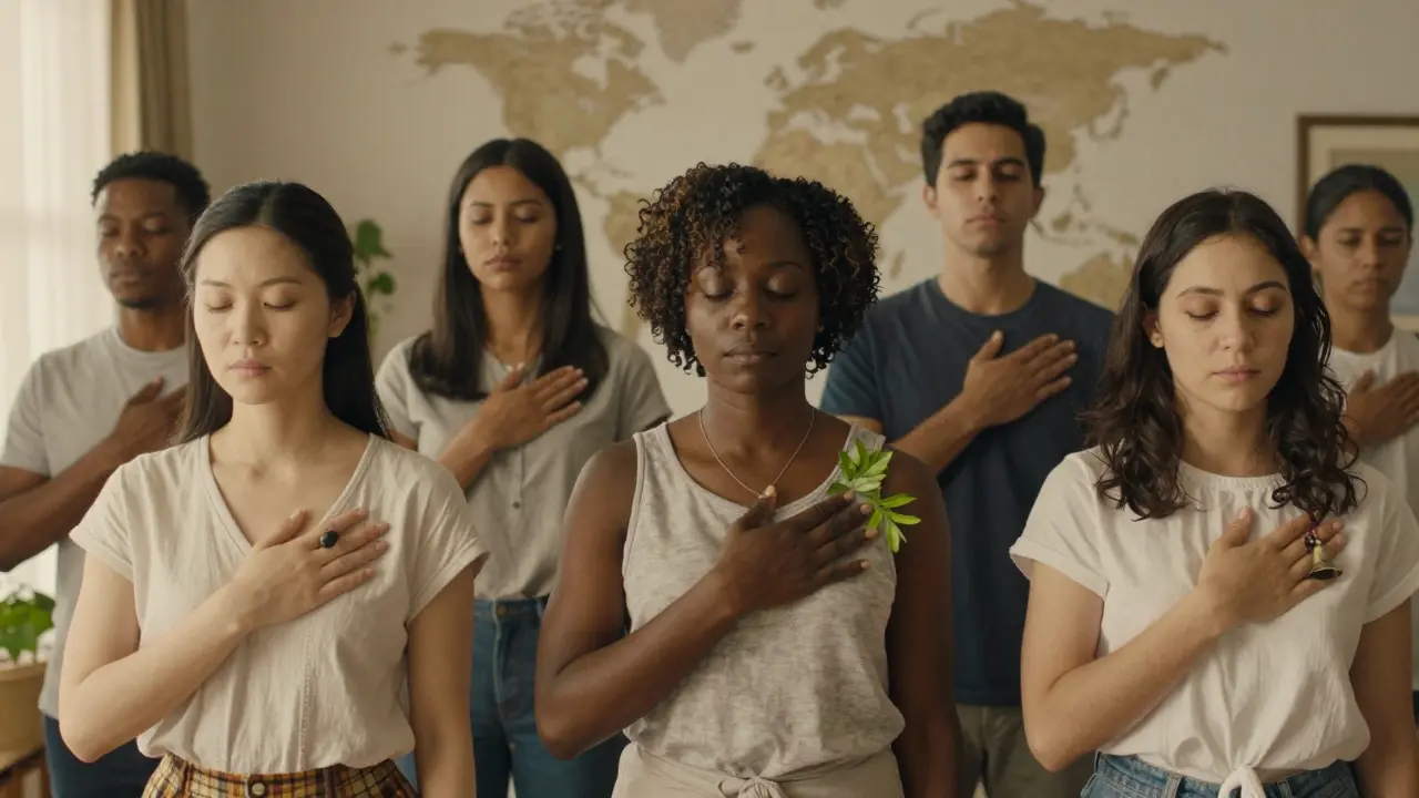 Různí lidé po celém světě klidně pokládají ruku na srdce v univerzálním rituálu přítomnosti.