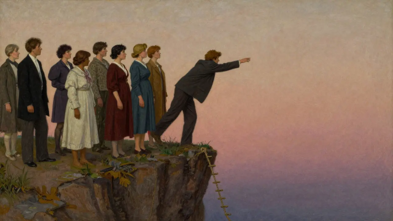 Skupina lidí na okraji útesu, jeden se drží lana k útěku, ostatní se odvrací.