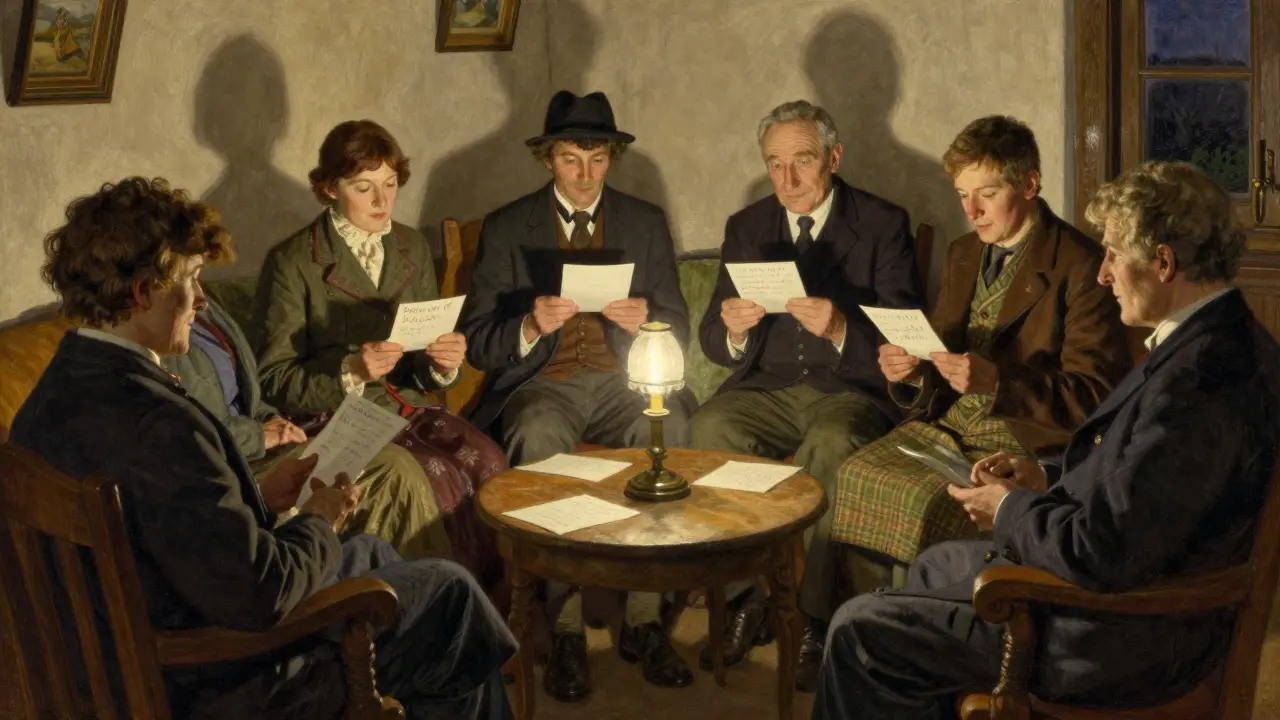 Skupina lidí sdílí listy vděčnosti v domácím prostředí večer.