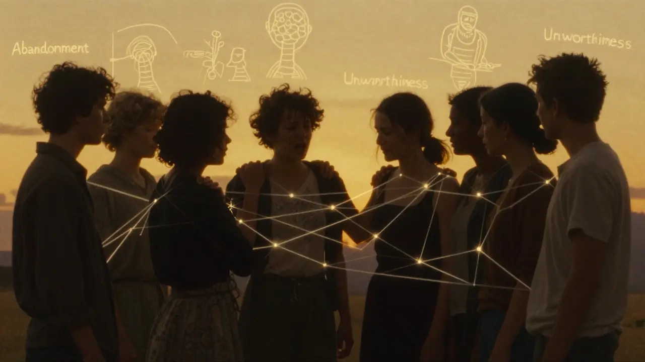 Skupina lidí v kruhu pod zlatým západem, spojených světelnými nitěmi a rozptylujícími se schématy.