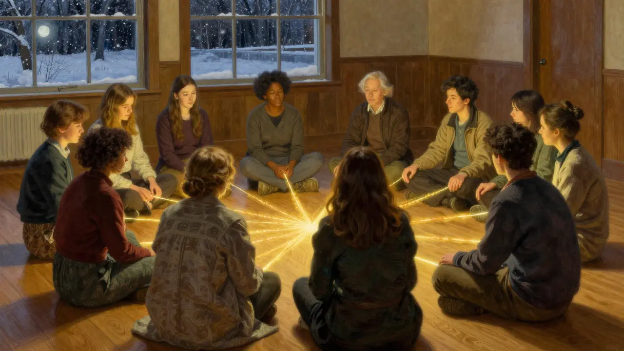 Skupina lidí v kruhu spojená zlatými vlákny, symbolizující podporu ve skupinové IPT v komunitním prostoru.