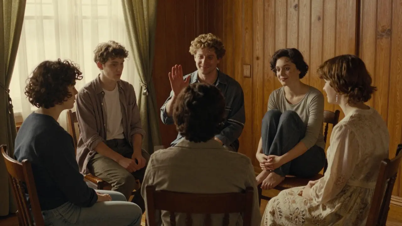 Skupina lidí v terapii projevuje tiše odvahu, někteří se usmívají, jiní se drží za kolena.