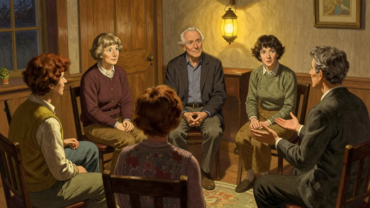 Skupina lidí v terapii sedí v kruhu, jeden mluví, ostatní naslouchají s podporou.