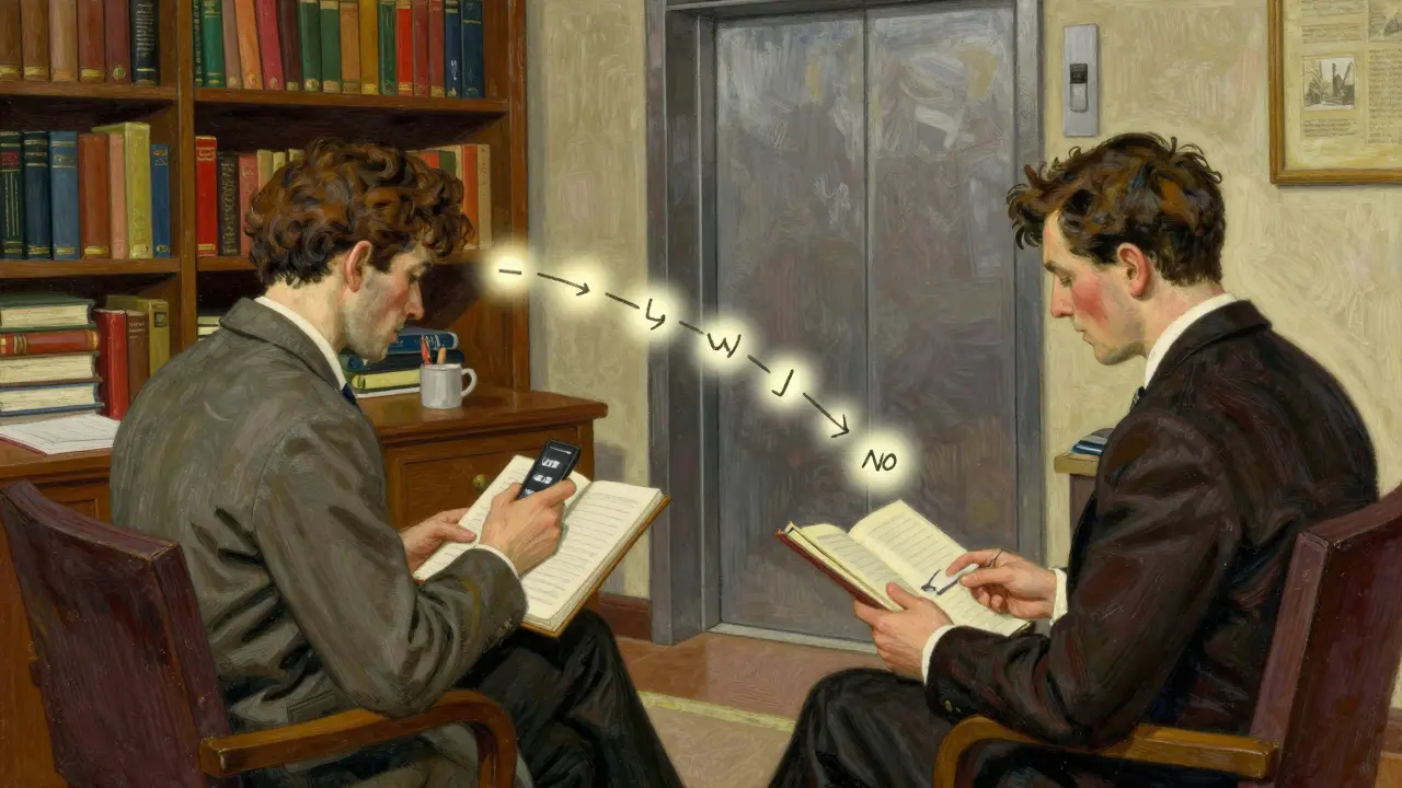 Terapeut a klient sedí v kanceláři, kde světelné šipky spojují myšlenky s konkrétními kroky změny chování.