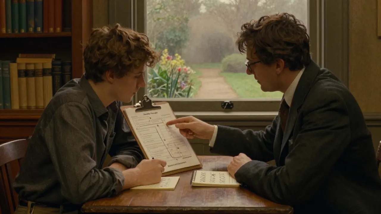 Terapeut a klient společně studují kroky KBT protokolu v teplém kancelářském prostředí.