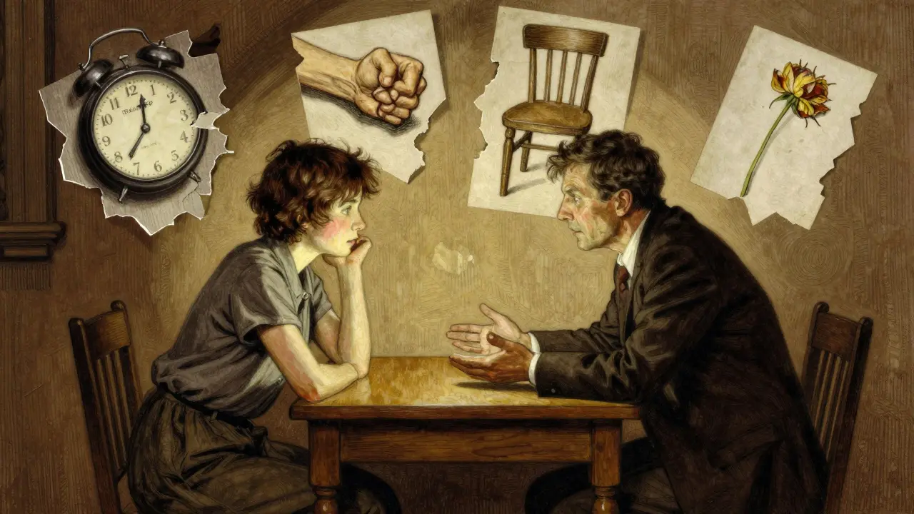 Terapeut a pacient sedí u stolu, kolem nich obrazy vztahových problémů, v tichém okamžiku porozumění.