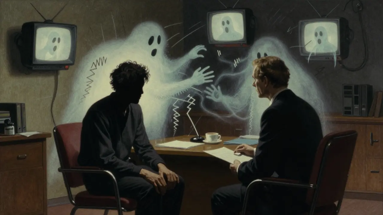 Terapeut a pacient v kanceláři, za nimi se vynořují halucinace jako stínové obrazy.