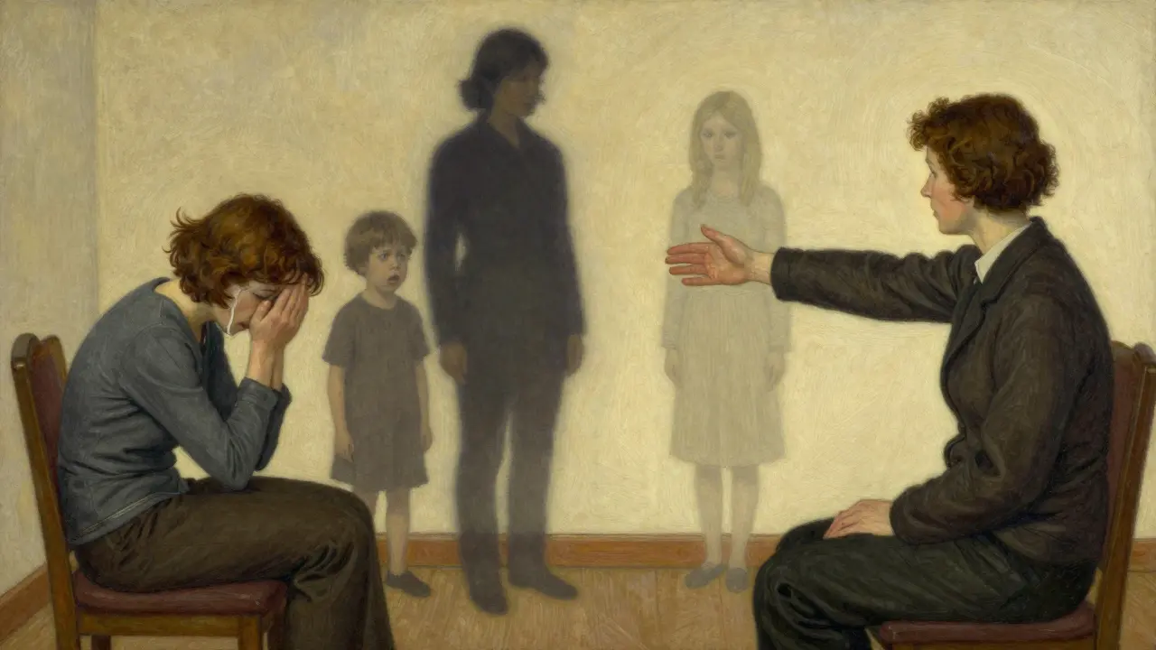 Terapeut a pacient v měkkém světle, kde stín pacienta rozpadá na pět emocionálních režimů.