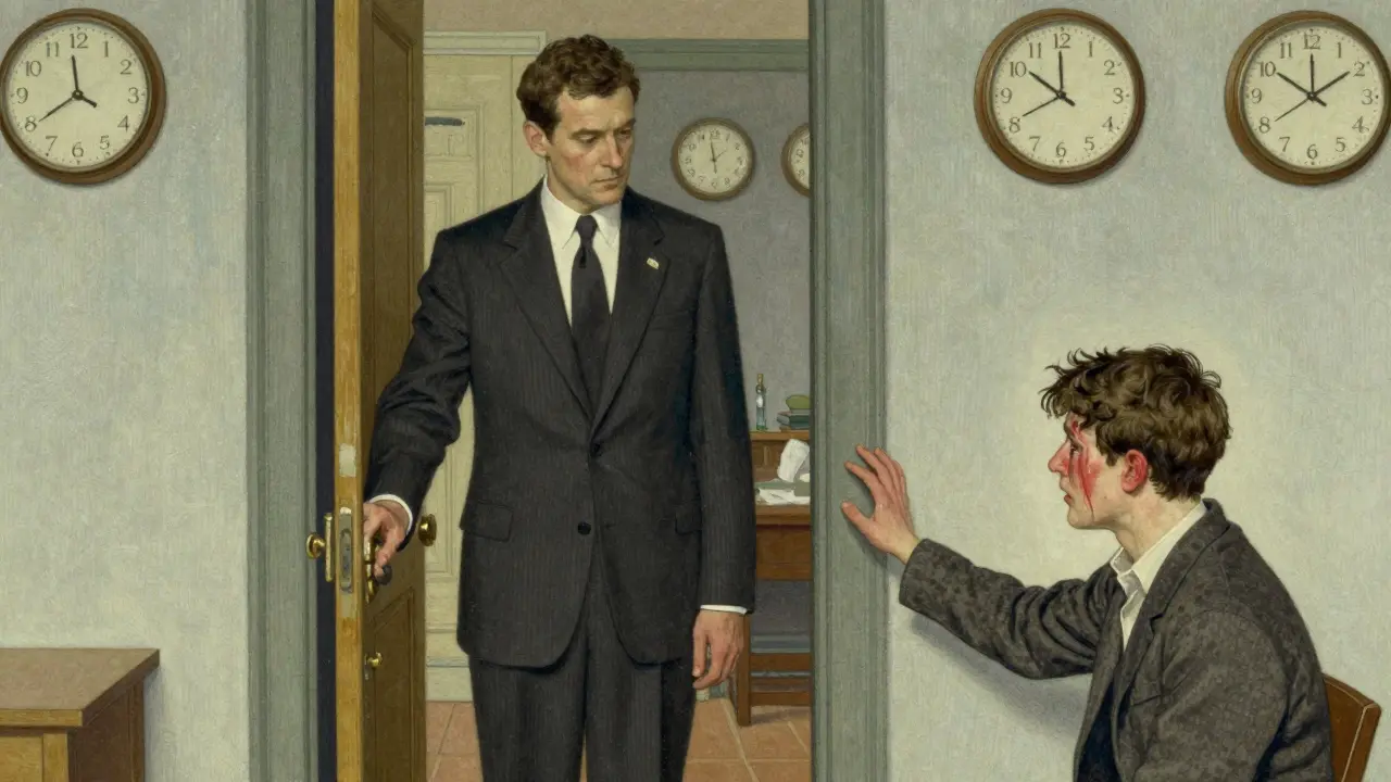 Terapeut stojí u dveří, pacient pláče — v pozadí všechny hodiny ukazují stejný čas jako symbol stability.