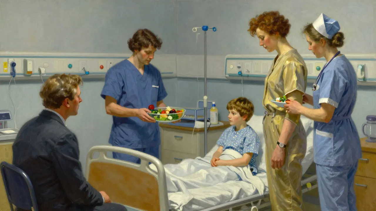 Tým lékařů v nemocnici pomáhá dítěti s poruchou příjmu potravy, rodič stojí vedle.