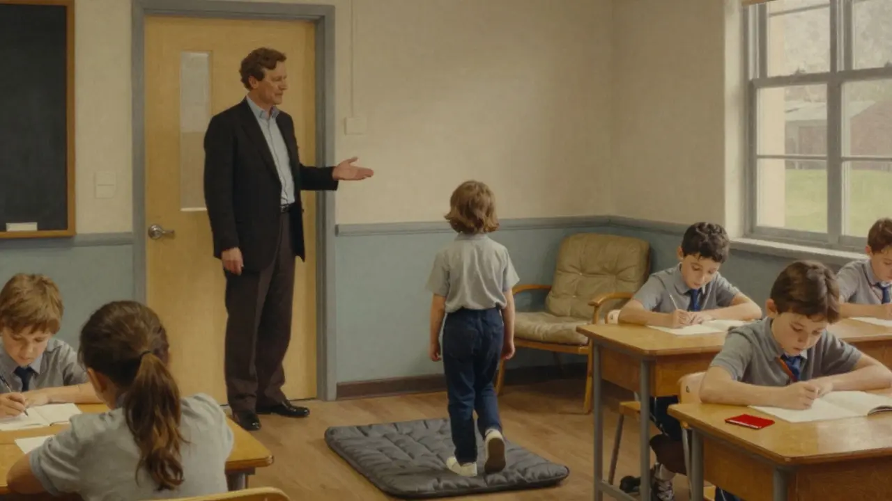 Žák ve škole směřuje k tichému koutu, učitel ho klidně vede pohledem.