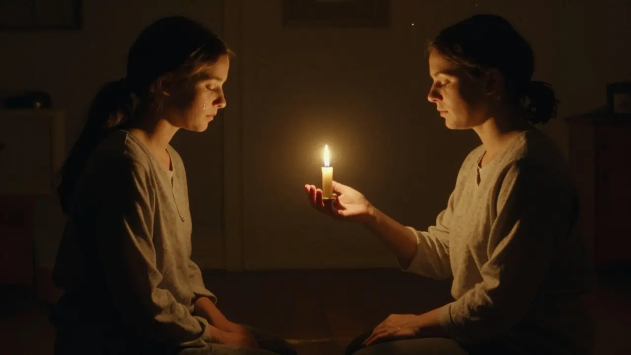 Zavírání sezení zhasnutím svíčky, oba účastníci zavřené oči, klidná atmosféra.