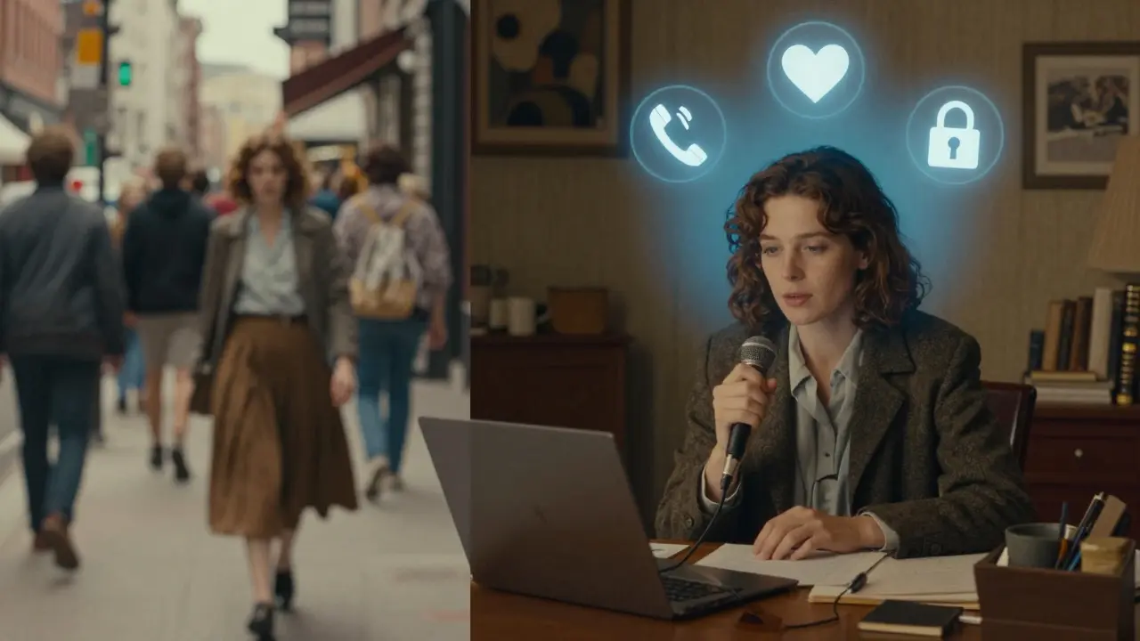 Žena na ulici je oddělena od své bezpečné online terapie, symbolizované modrým světlem a tichou komunikací.