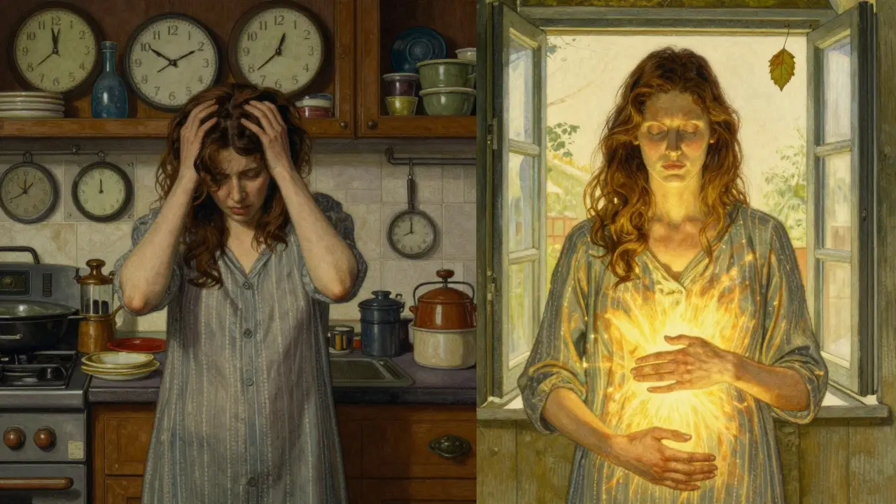 Žena v kuchyni přechází ze stresu k klidu, zatímco list klesá jako symbol přítomnosti.